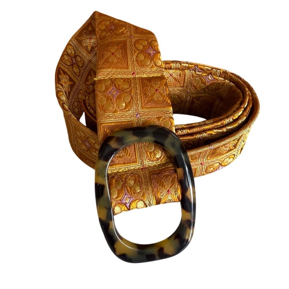 J Crew Silk Jacquard Belt Golden Mustard Brown Print